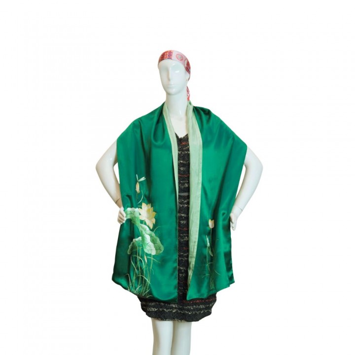 Green silk scarf hand-embroidered with lotus 40*200 cm-Different models